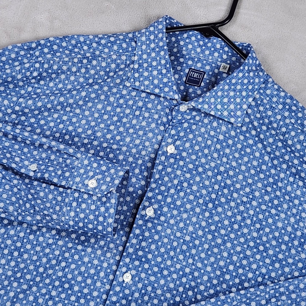 Fedeli Shirt Mens 46 Blue Floral Long Sleeve Button Up Made In Italy Casual